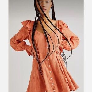 Free People Coral Sundress with Long Puff Sleeves and Square Neck